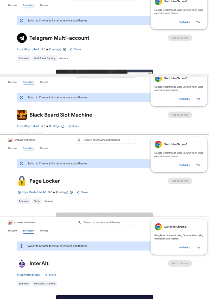 Chrome Web Store listings showing all three developer URLs used across the campaign
